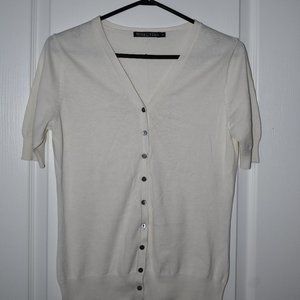 Silk and cotton short-sleeved, V-neck, button front cardigan